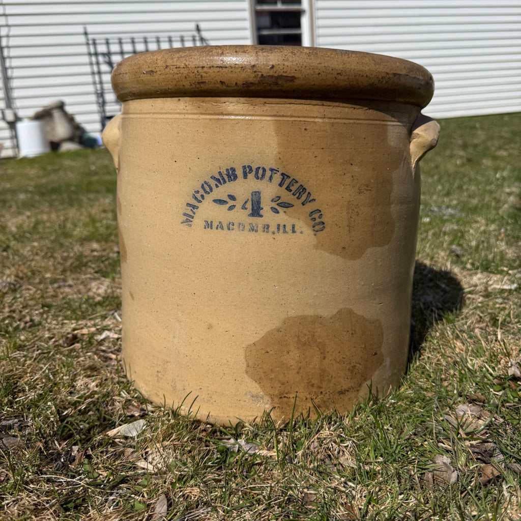Antique 1800s Vintage Macomb Pottery Illinois Stoneware 4 Gallon Crock Primitive