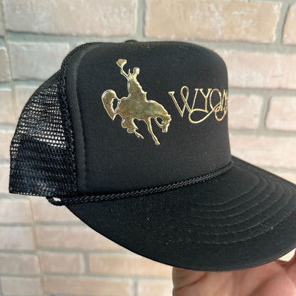 WYOMING COWBOY BLACK BRONCO TRUCKER HAT FOAM MESH VINTAGE SNAPBACK UNIVERSITY