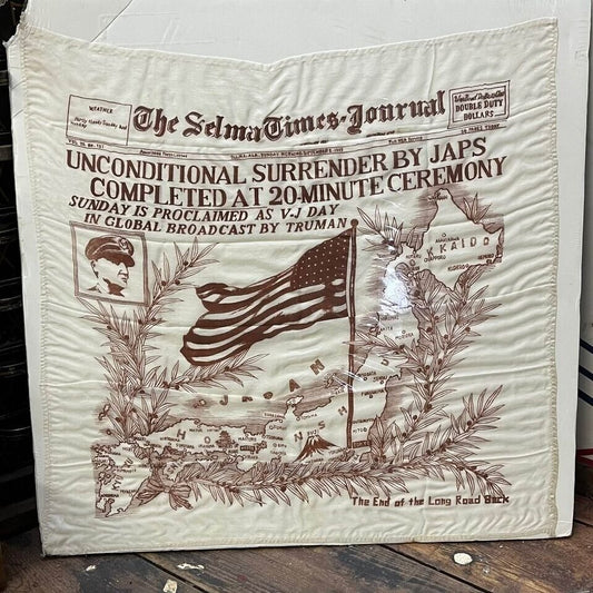 Vintage WW2 Ending V-Day Japan Tapestry Banner Cloth Newspaper Headline
