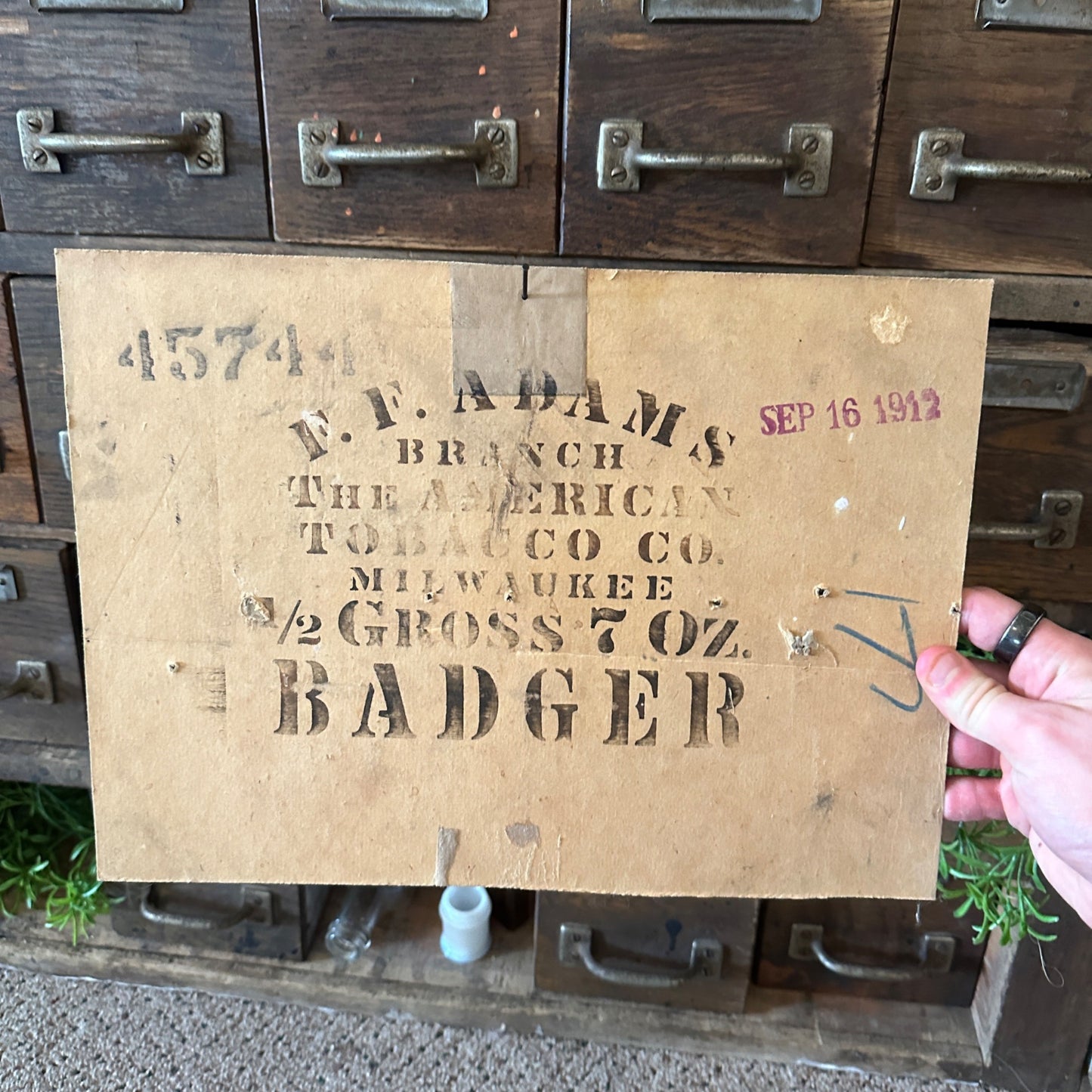 1912 Antique FF Adams American Tobacco Co Milwaukee Badger Cardboard Sign