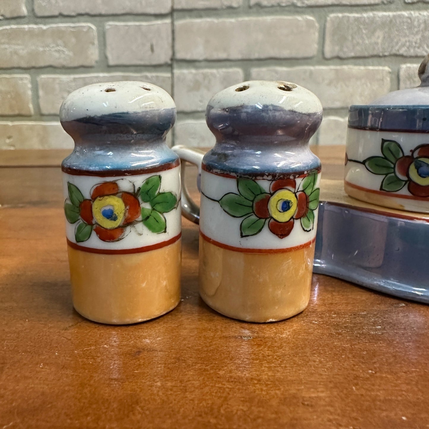 Vintage 1930s Takito Japan Lusterware Salt & Pepper & Mustard Set Floral