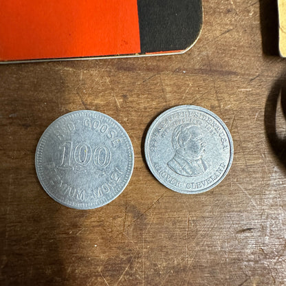 ANTIQUE RED GOOSE SHOES LOT BOOK NOTEPAD STRING GAME SPINNER COINS