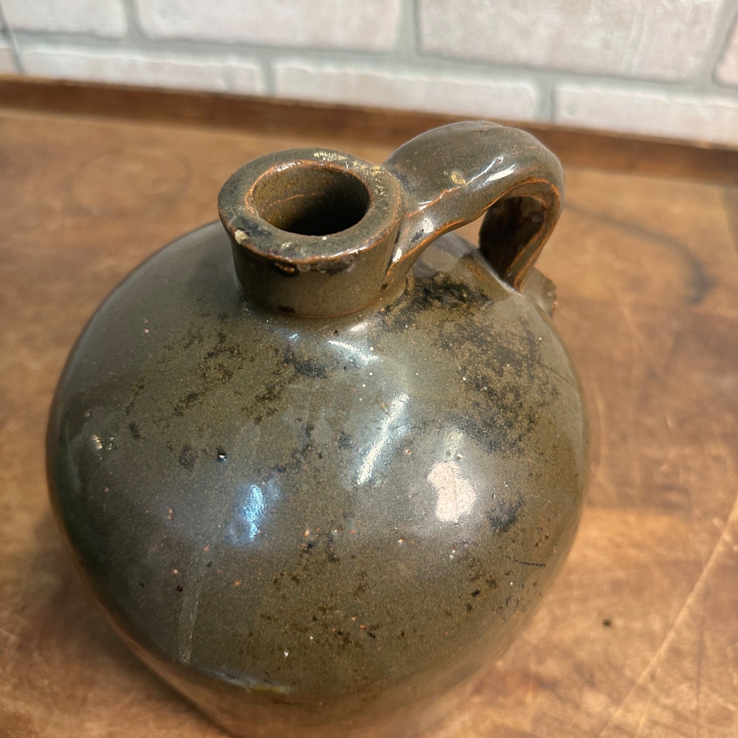 Antique 7-1/2" Gray-ish Brown Stoneware Jug Moonshine W/ Handle Unmarked Glazed