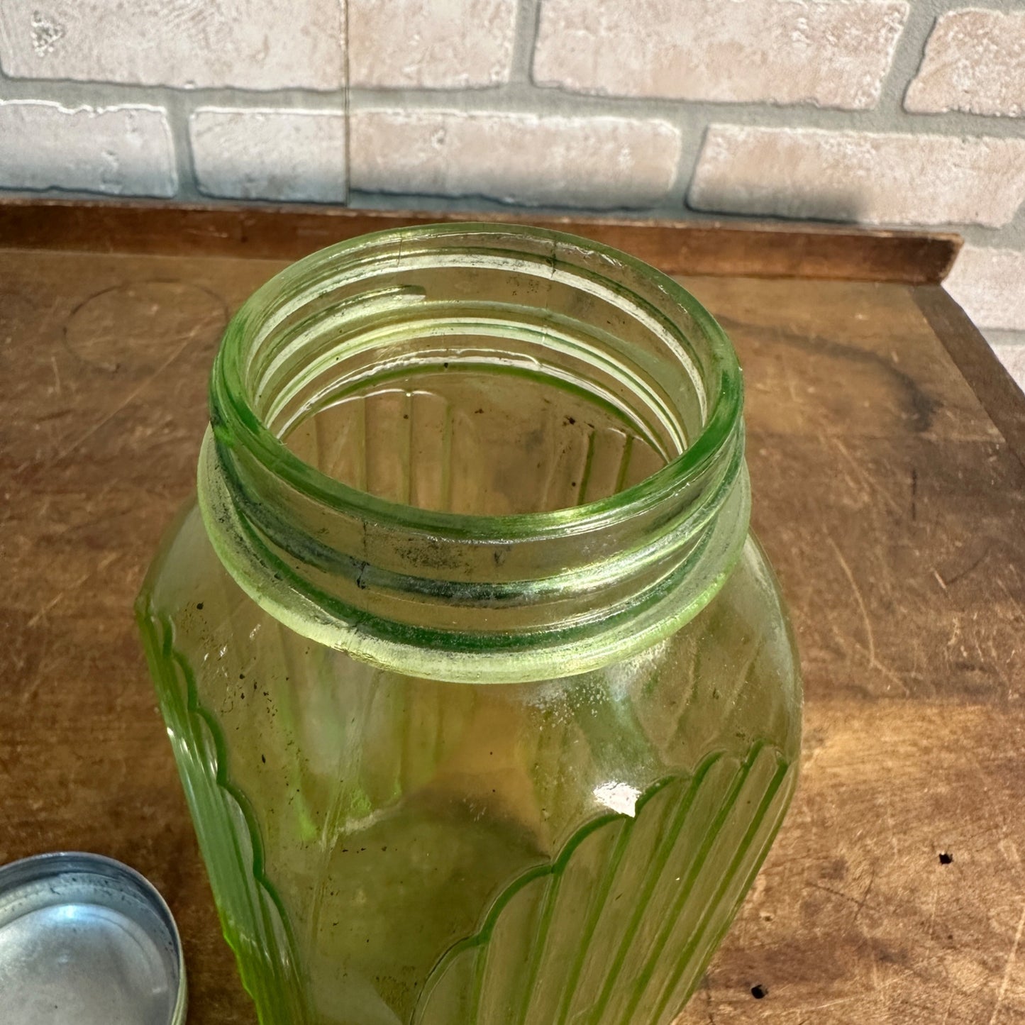 Antique 1920's Uranium Green Hoosier Canister Hocking Jar Coffee 8" Ribbed Glows