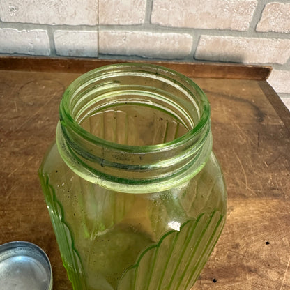 Antique 1920's Uranium Green Hoosier Canister Hocking Jar Coffee 8" Ribbed Glows