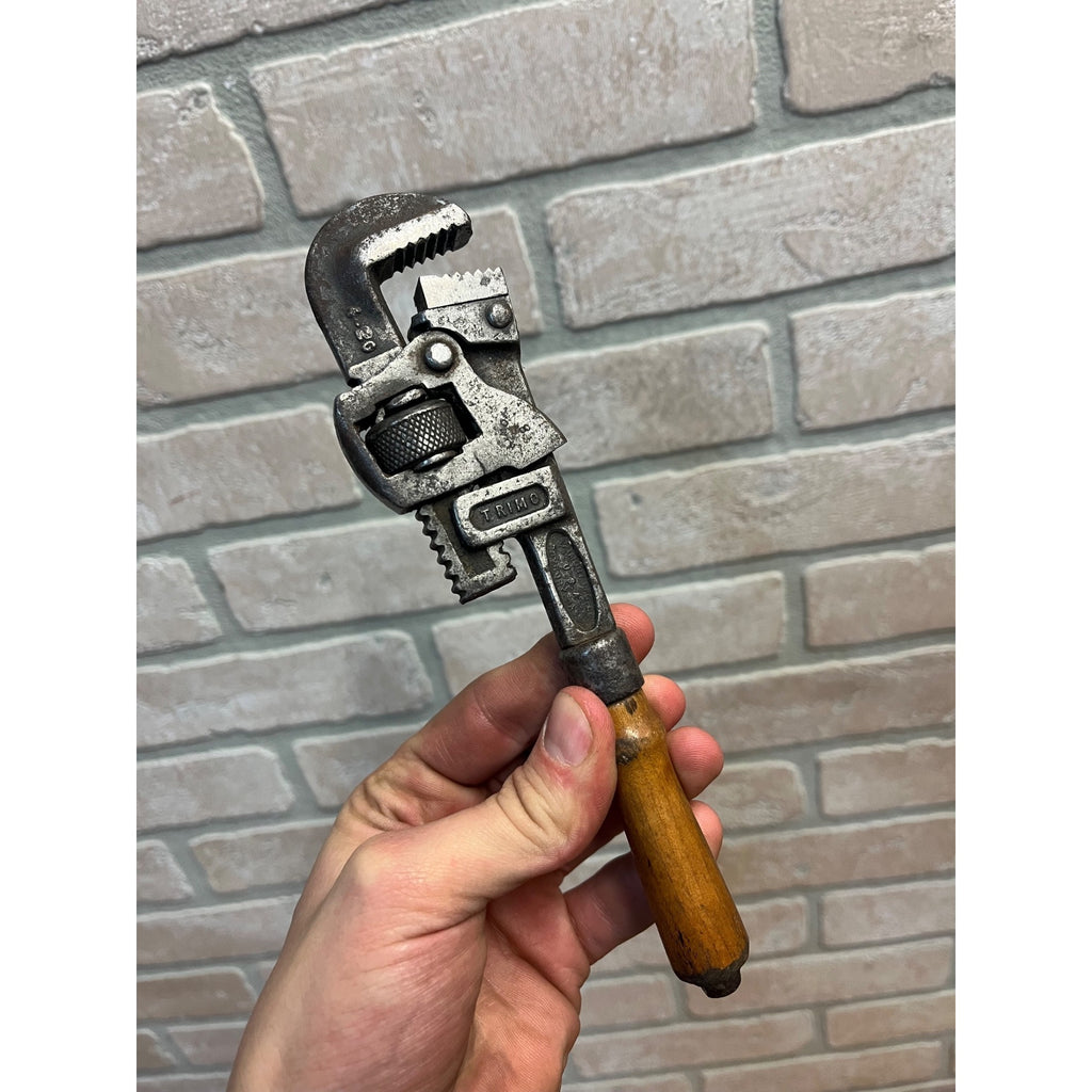 Antique Vintage Wood Handle Small 8" "TRIMO" Adjustable Pipe Wrench