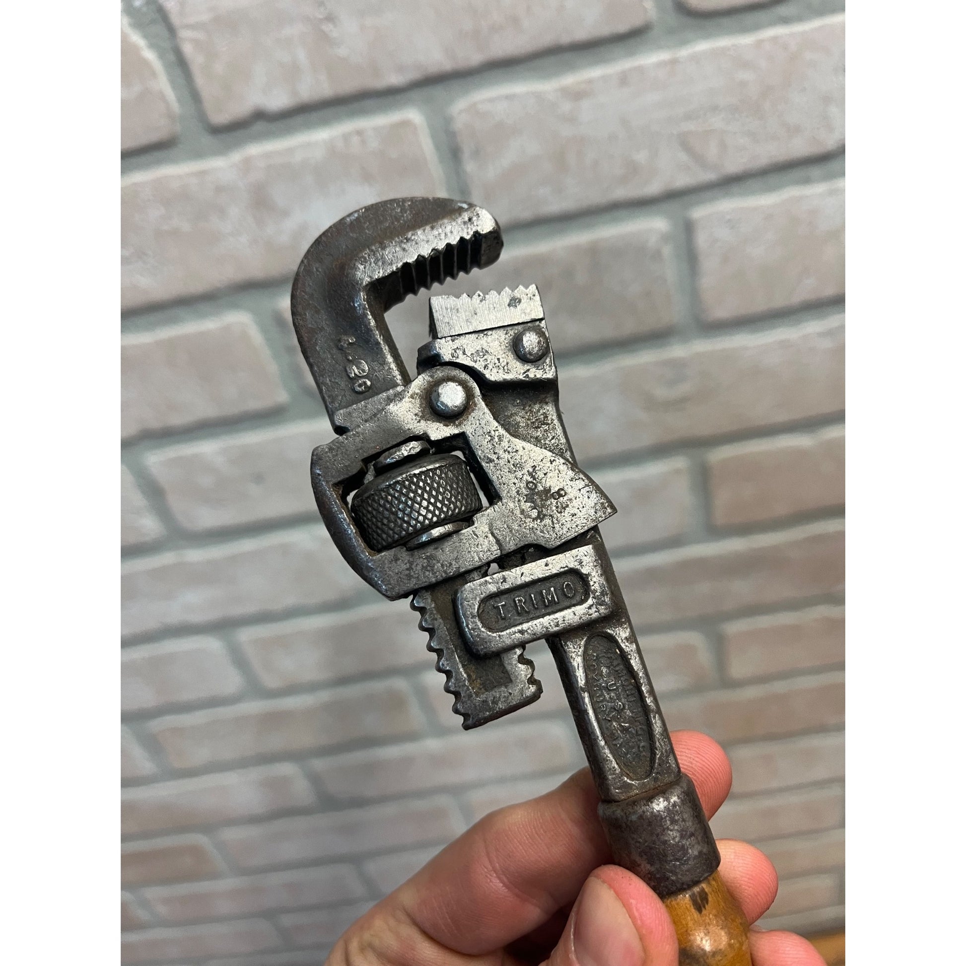 Antique Vintage Wood Handle Small 8" "TRIMO" Adjustable Pipe Wrench