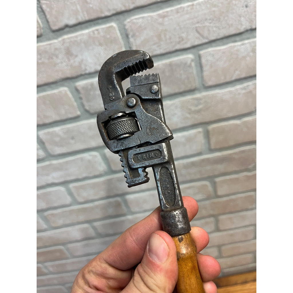 Antique Vintage Wood Handle Small 8" "TRIMO" Adjustable Pipe Wrench