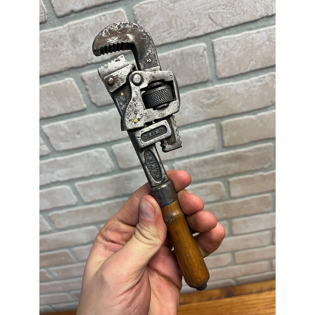 Antique Vintage Wood Handle Small 8" "TRIMO" Adjustable Pipe Wrench