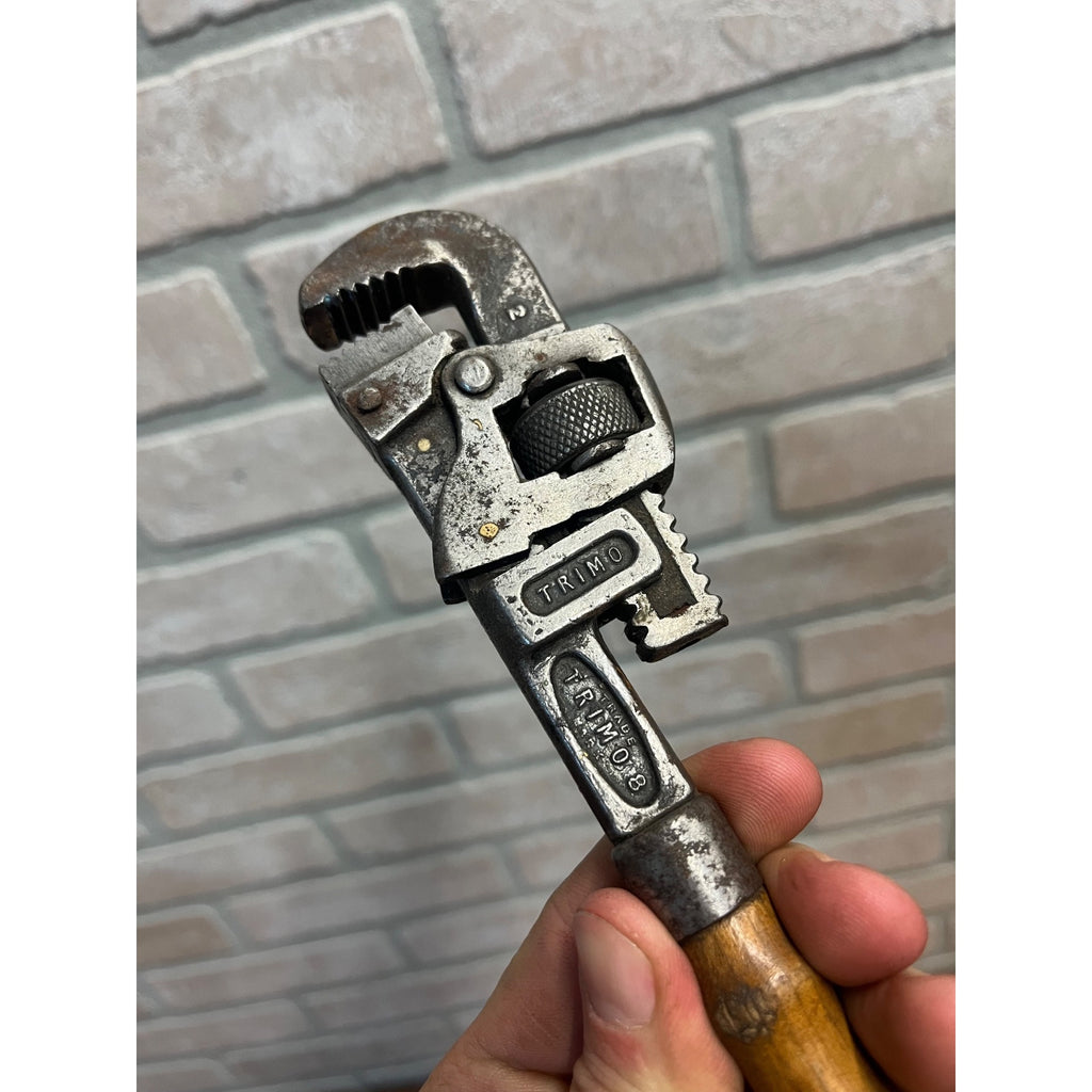 Antique Vintage Wood Handle Small 8" "TRIMO" Adjustable Pipe Wrench