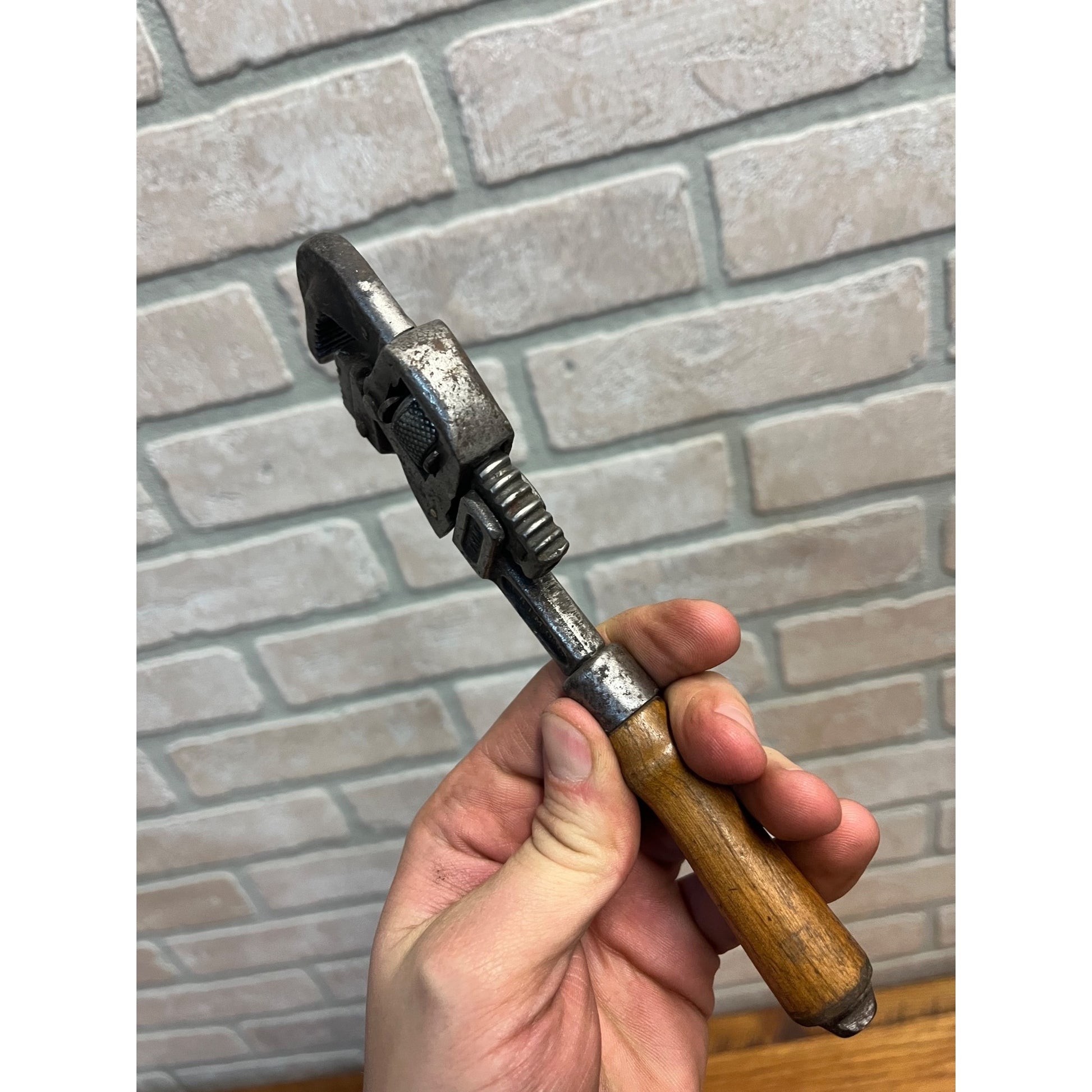 Antique Vintage Wood Handle Small 8" "TRIMO" Adjustable Pipe Wrench