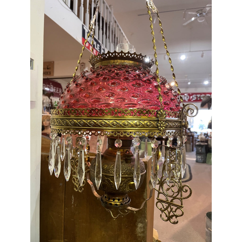 Antique Ornate Brass Hanging Parlor Library Oil Kerosene Lamp Hobnail Cranberry