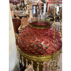 Antique Ornate Brass Hanging Parlor Library Oil Kerosene Lamp Hobnail Cranberry