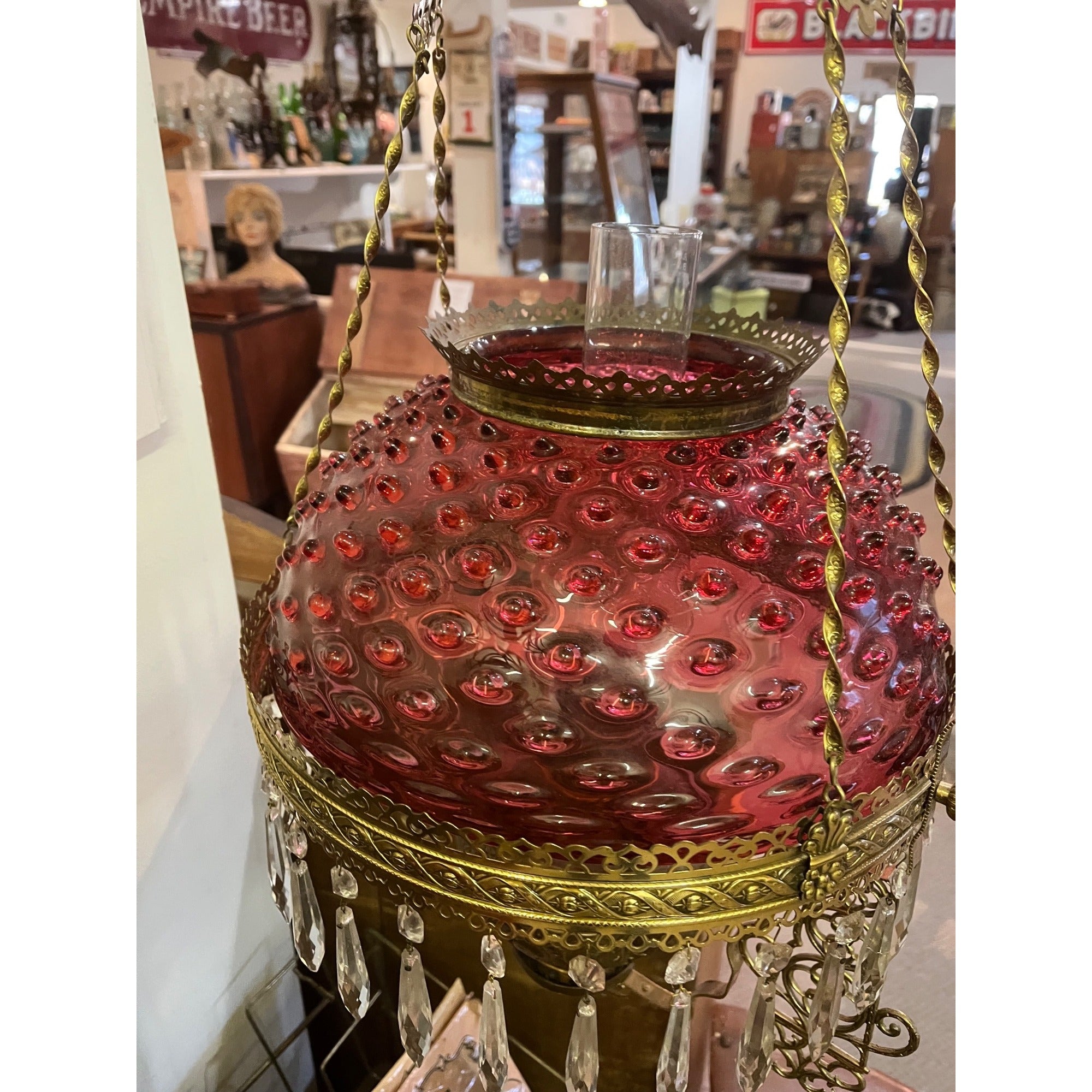 Antique Ornate Brass Hanging Parlor Library Oil Kerosene Lamp Hobnail Cranberry