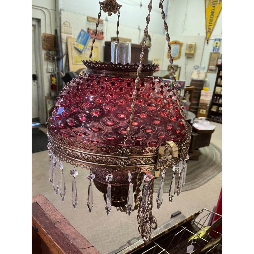 Antique Ornate Brass Hanging Parlor Library Oil Kerosene Lamp Hobnail Cranberry