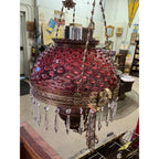 Antique Ornate Brass Hanging Parlor Library Oil Kerosene Lamp Hobnail Cranberry