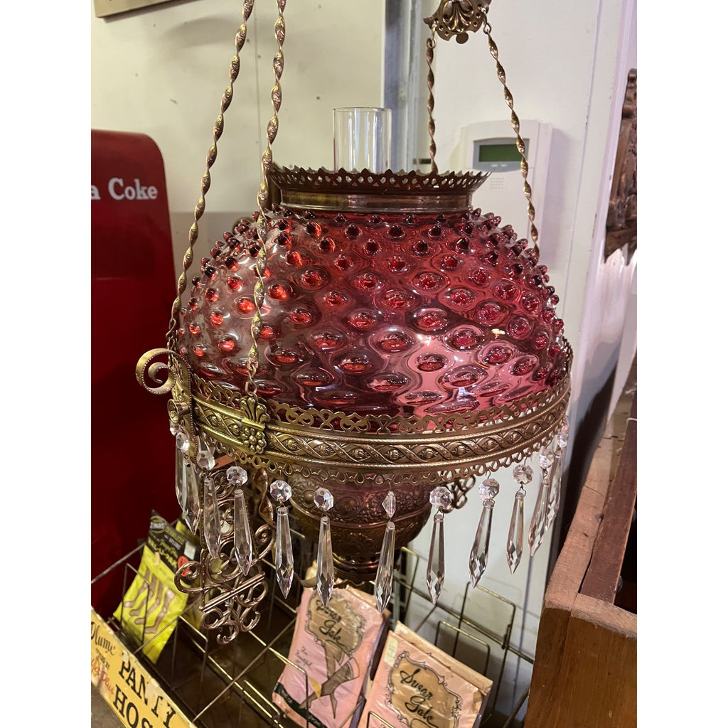 Antique Ornate Brass Hanging Parlor Library Oil Kerosene Lamp Hobnail Cranberry