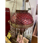 Antique Ornate Brass Hanging Parlor Library Oil Kerosene Lamp Hobnail Cranberry