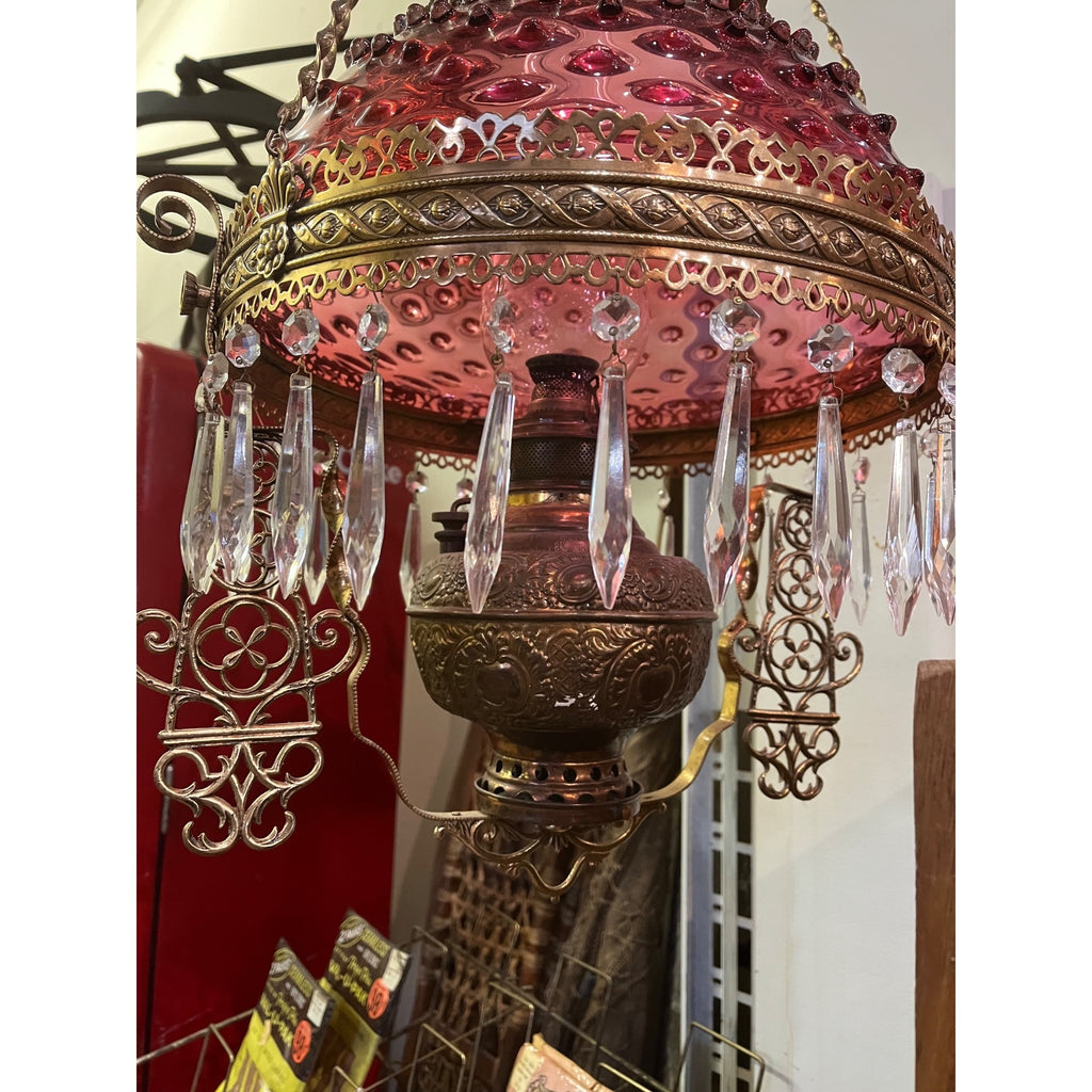 Antique Ornate Brass Hanging Parlor Library Oil Kerosene Lamp Hobnail Cranberry
