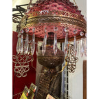Antique Ornate Brass Hanging Parlor Library Oil Kerosene Lamp Hobnail Cranberry