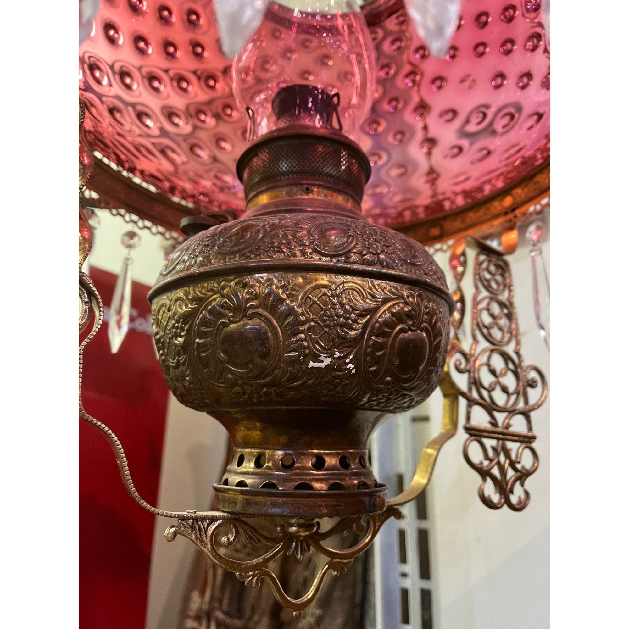 Antique Ornate Brass Hanging Parlor Library Oil Kerosene Lamp Hobnail Cranberry