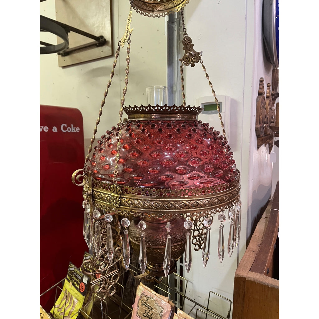 Antique Ornate Brass Hanging Parlor Library Oil Kerosene Lamp Hobnail Cranberry