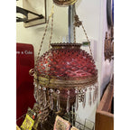 Antique Ornate Brass Hanging Parlor Library Oil Kerosene Lamp Hobnail Cranberry