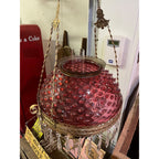 Antique Ornate Brass Hanging Parlor Library Oil Kerosene Lamp Hobnail Cranberry