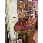 Antique Ornate Brass Hanging Parlor Library Oil Kerosene Lamp Hobnail Cranberry