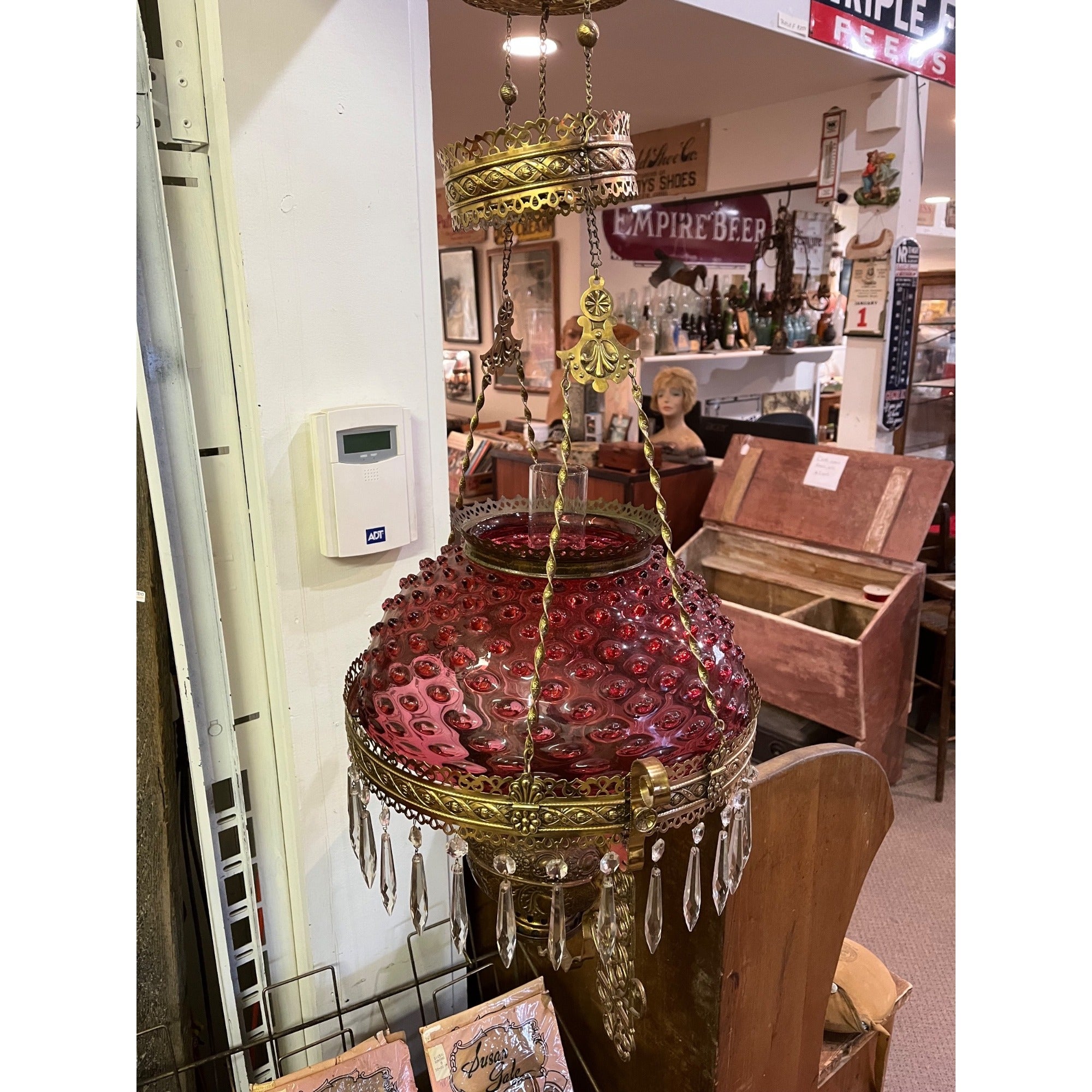 Antique Ornate Brass Hanging Parlor Library Oil Kerosene Lamp Hobnail Cranberry