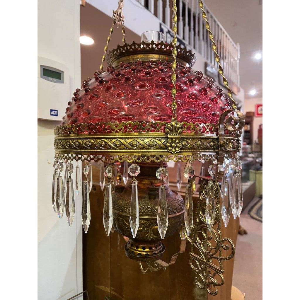 Antique Ornate Brass Hanging Parlor Library Oil Kerosene Lamp Hobnail Cranberry