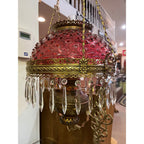 Antique Ornate Brass Hanging Parlor Library Oil Kerosene Lamp Hobnail Cranberry