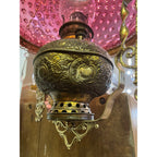Antique Ornate Brass Hanging Parlor Library Oil Kerosene Lamp Hobnail Cranberry