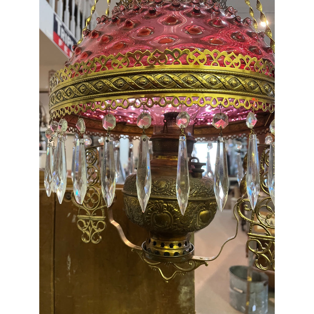Antique Ornate Brass Hanging Parlor Library Oil Kerosene Lamp Hobnail Cranberry