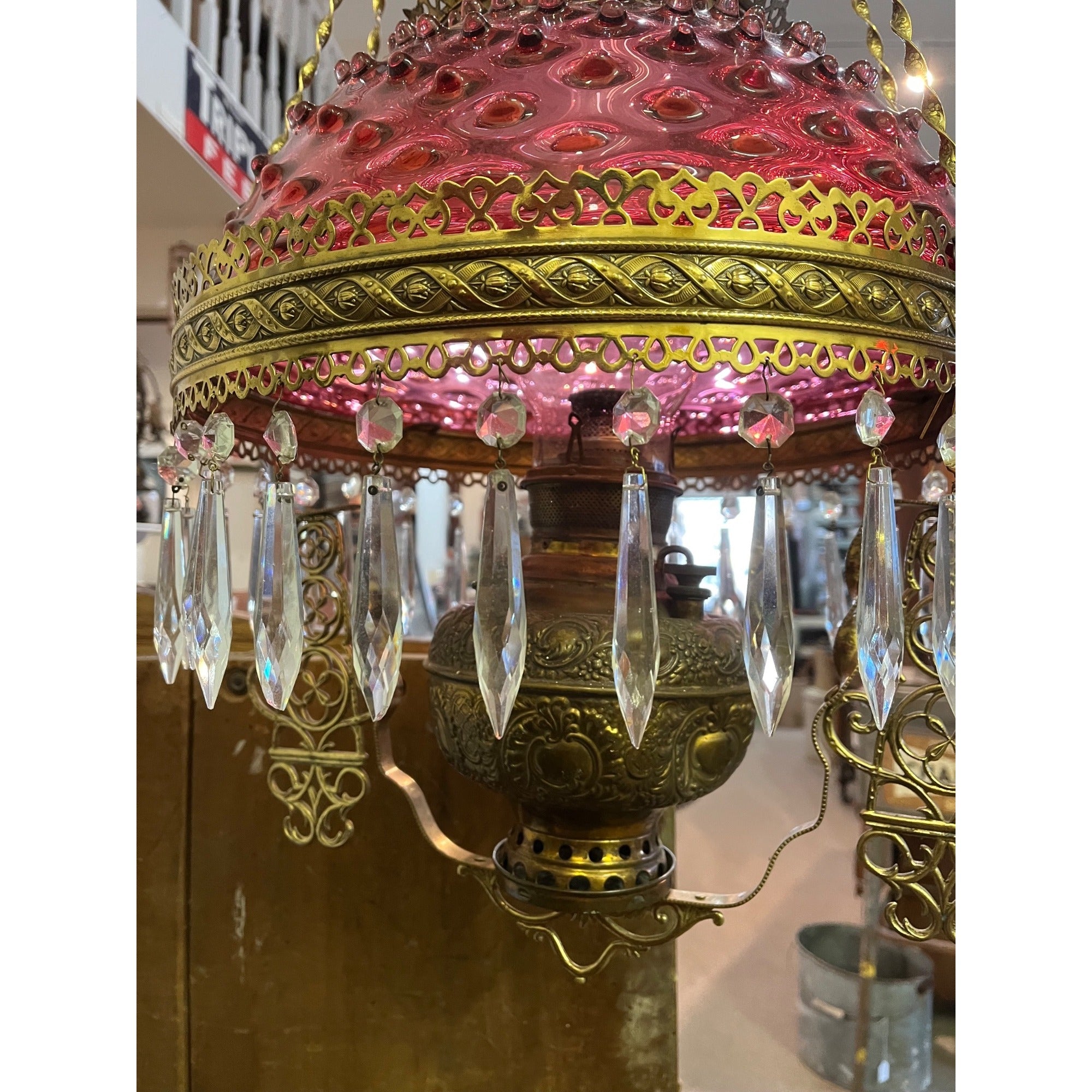 Antique Ornate Brass Hanging Parlor Library Oil Kerosene Lamp Hobnail Cranberry