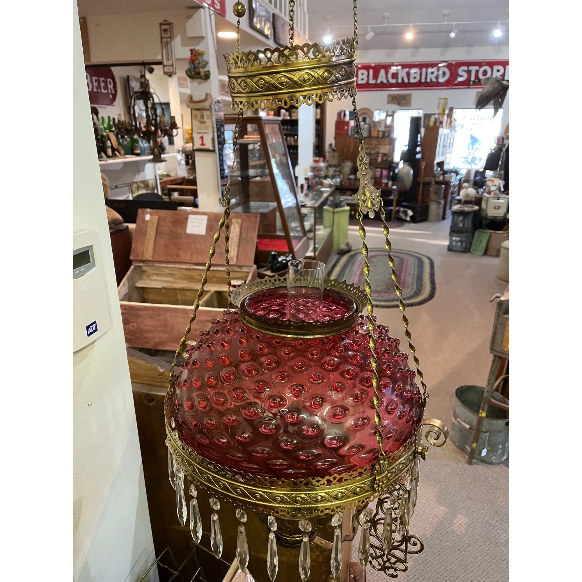 Antique Ornate Brass Hanging Parlor Library Oil Kerosene Lamp Hobnail Cranberry