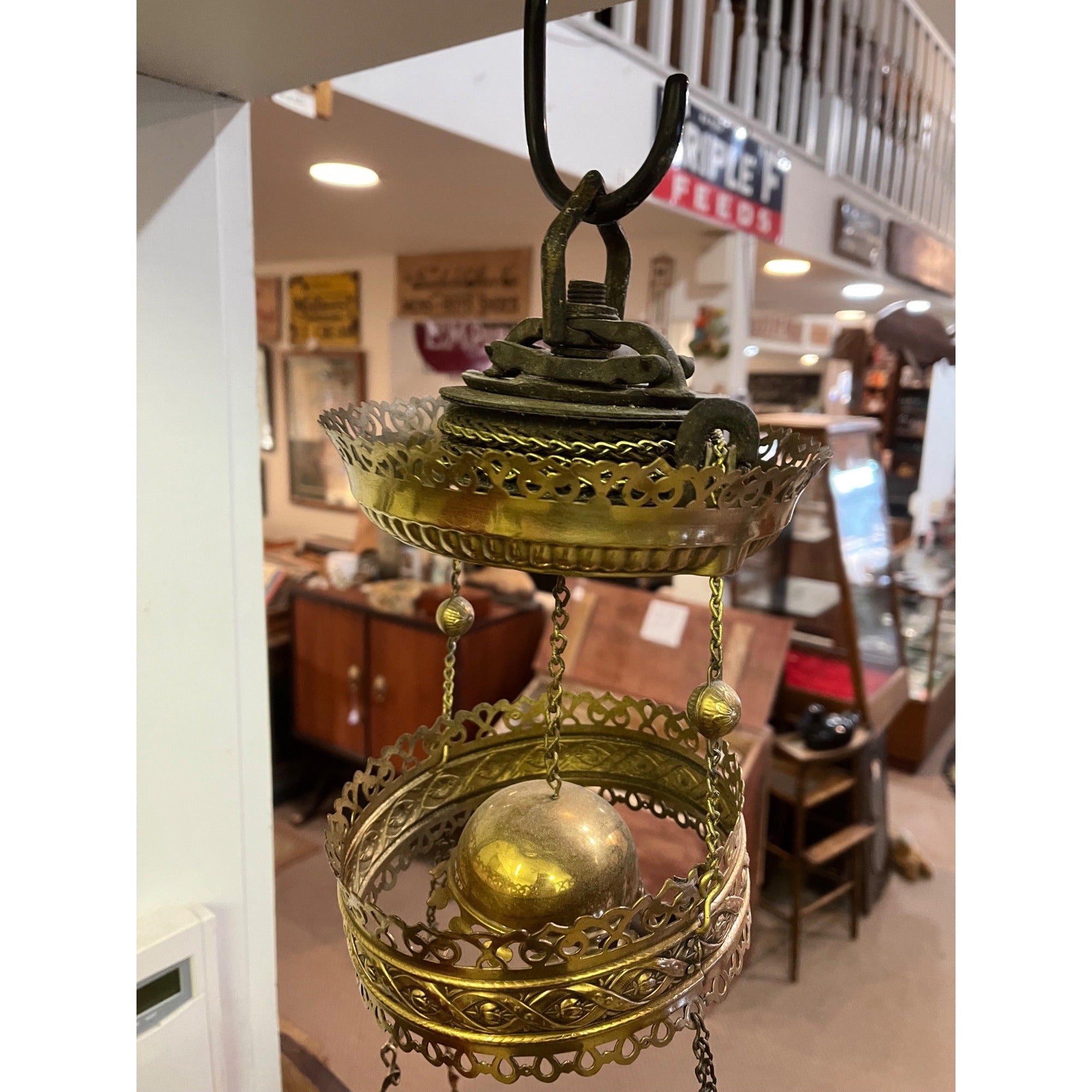 Antique Ornate Brass Hanging Parlor Library Oil Kerosene Lamp Hobnail Cranberry