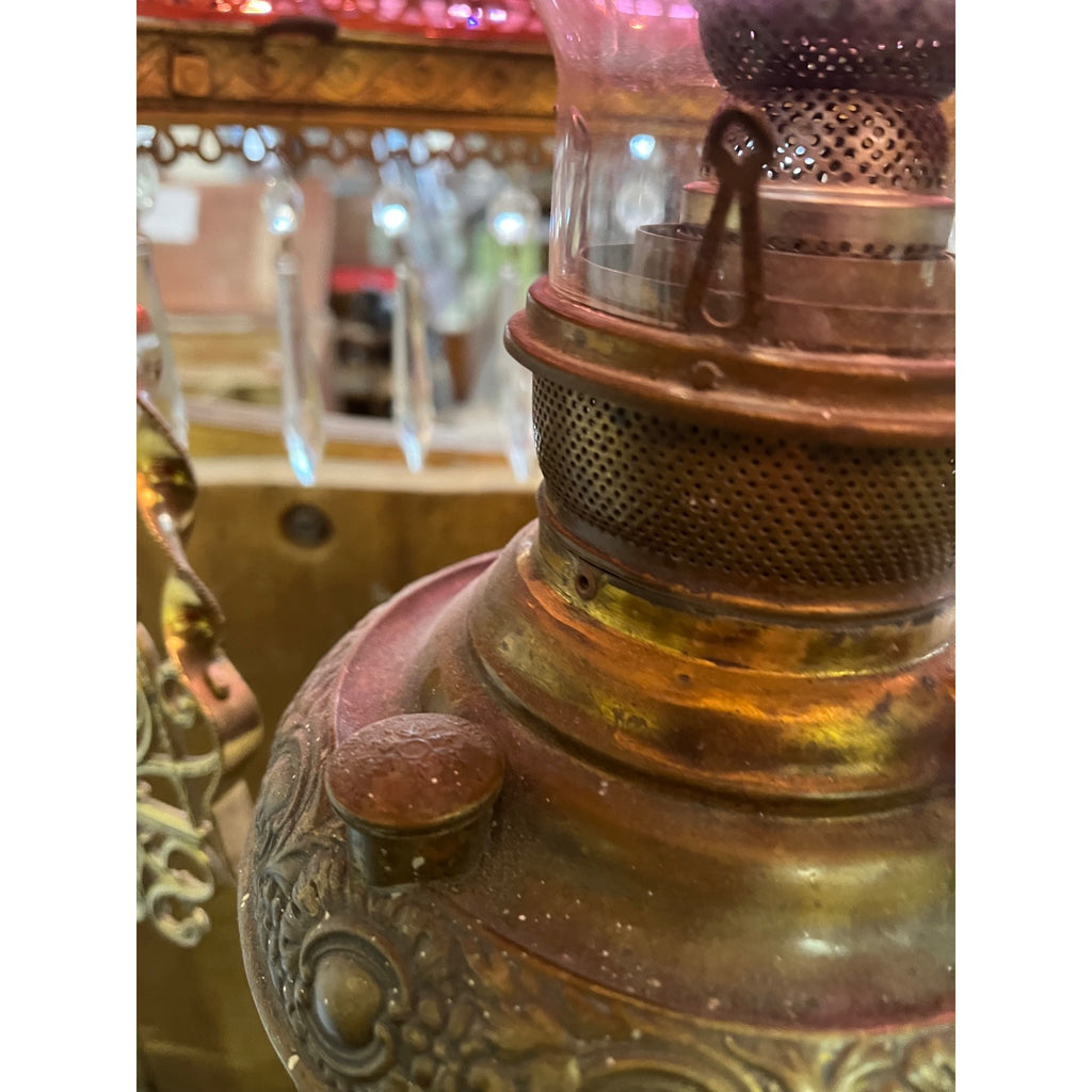 Antique Ornate Brass Hanging Parlor Library Oil Kerosene Lamp Hobnail Cranberry