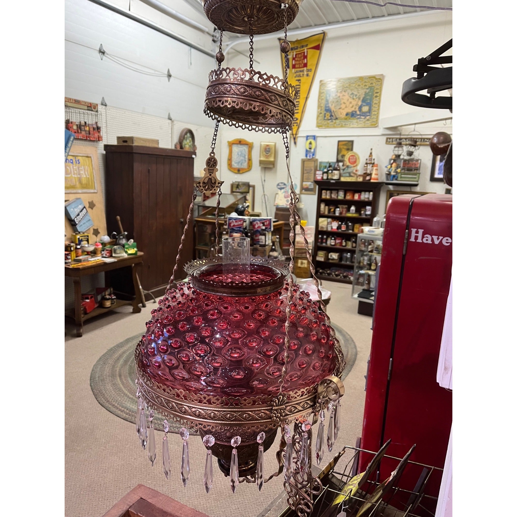 Antique Ornate Brass Hanging Parlor Library Oil Kerosene Lamp Hobnail Cranberry