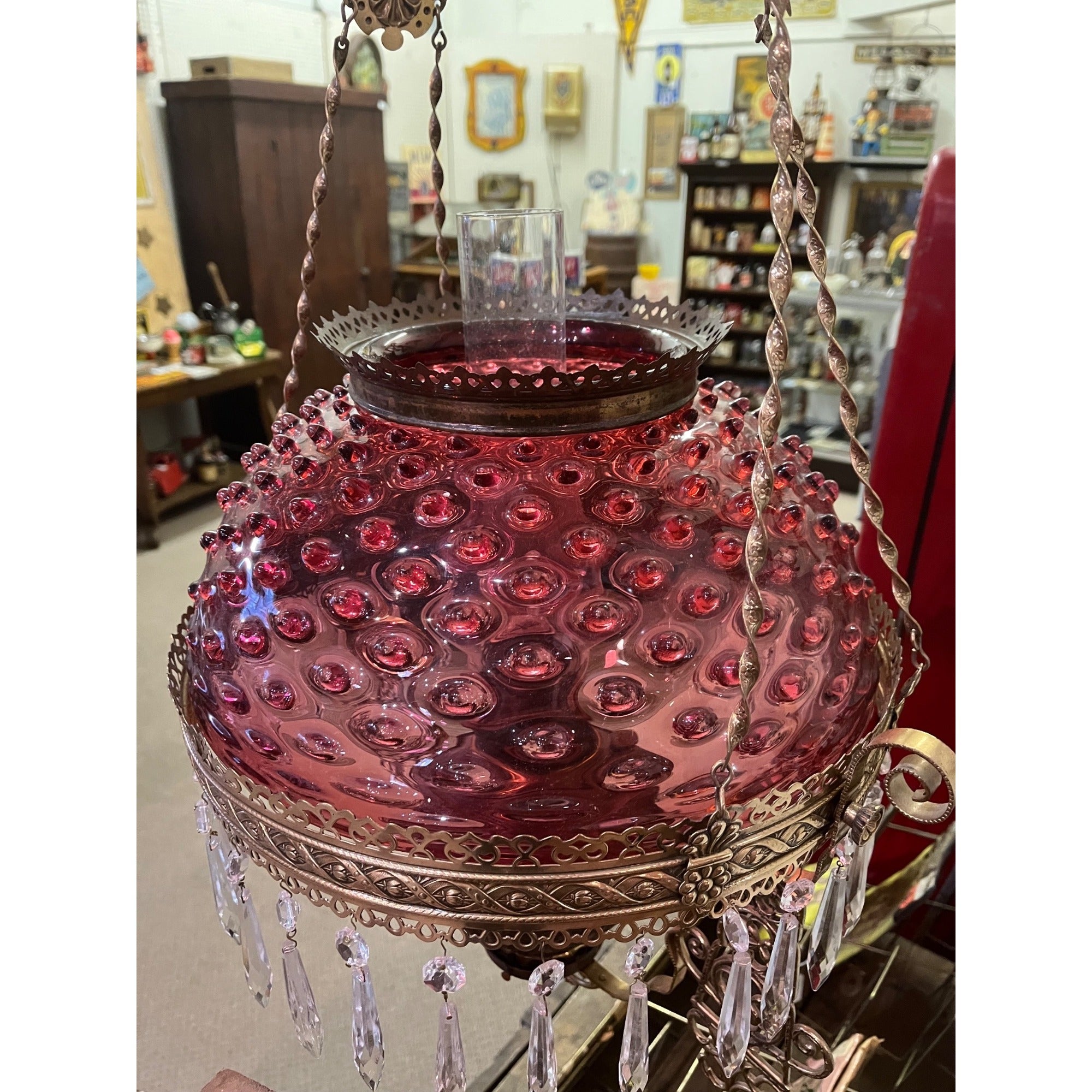 Antique Ornate Brass Hanging Parlor Library Oil Kerosene Lamp Hobnail Cranberry
