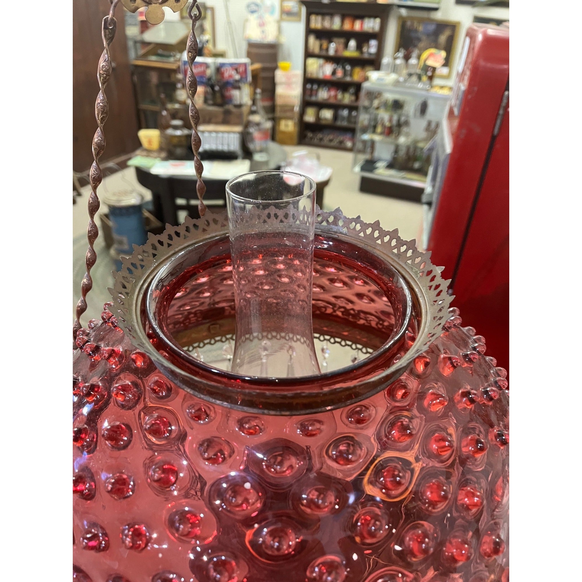 Antique Ornate Brass Hanging Parlor Library Oil Kerosene Lamp Hobnail Cranberry