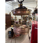 Antique Ornate Brass Hanging Parlor Library Oil Kerosene Lamp Hobnail Cranberry