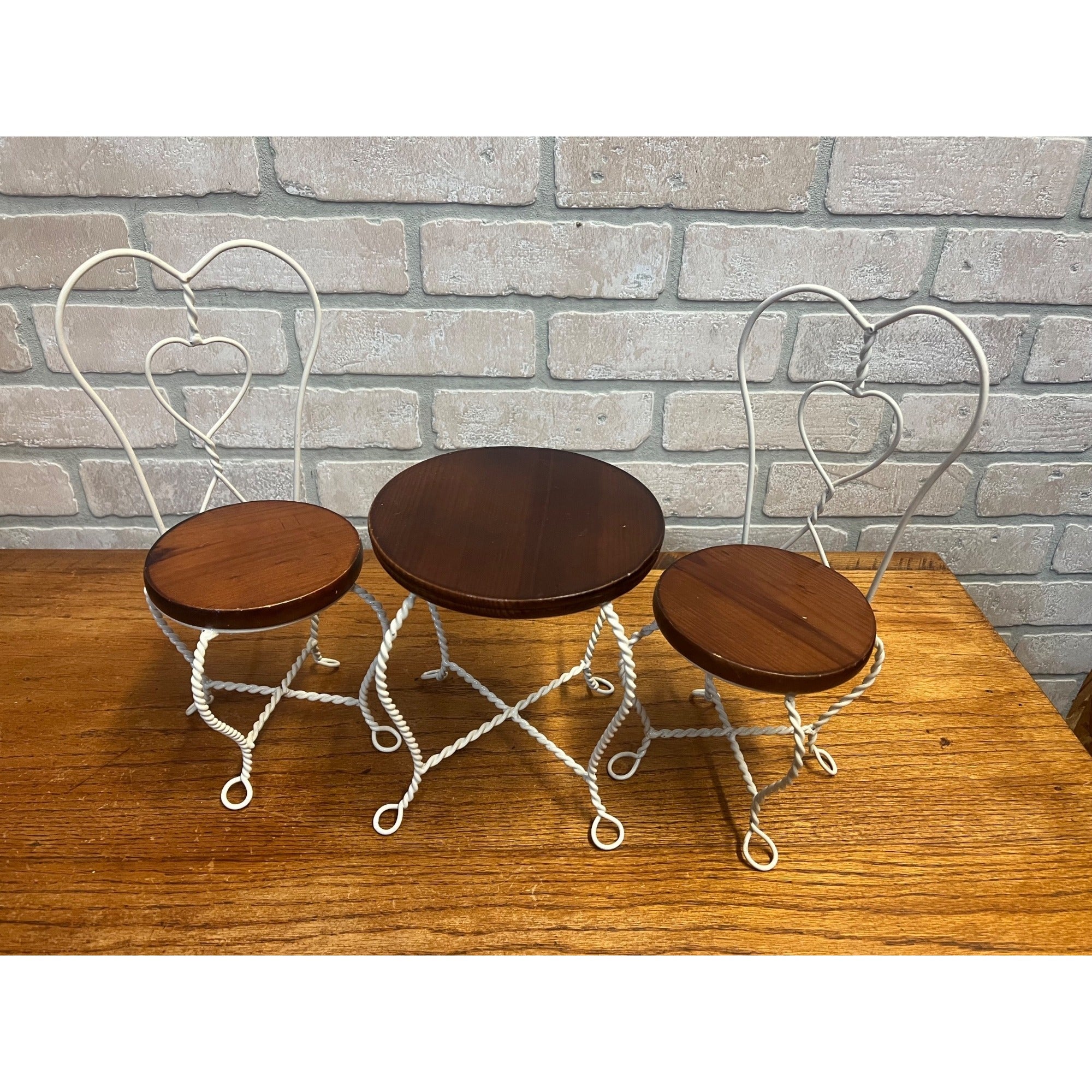 Vintage Set of Boyd's Bears Doll-Size White Metal and Wood Ice Cream Parlor Chairs and Table Plant Stands