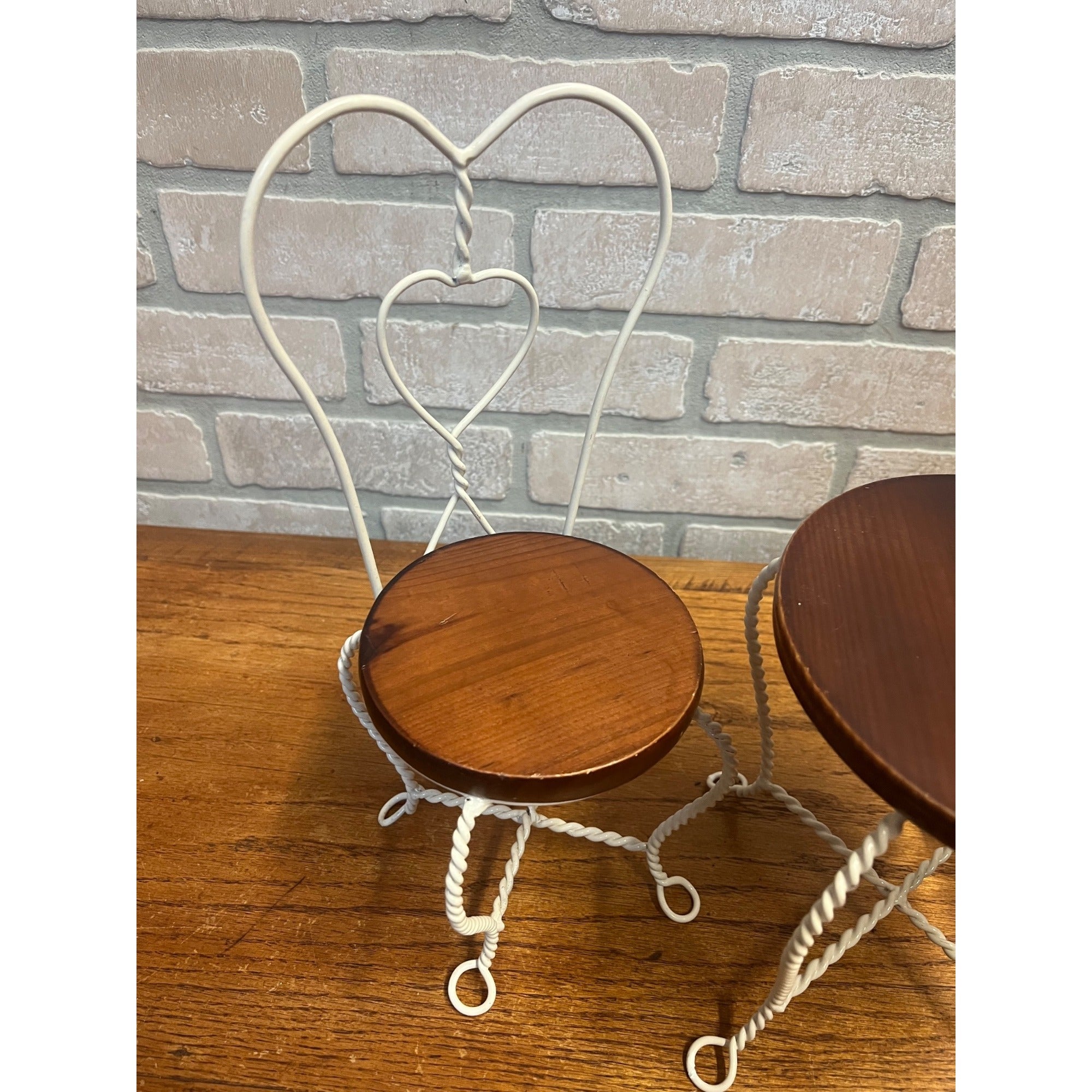 Vintage Set of Boyd's Bears Doll-Size White Metal and Wood Ice Cream Parlor Chairs and Table Plant Stands