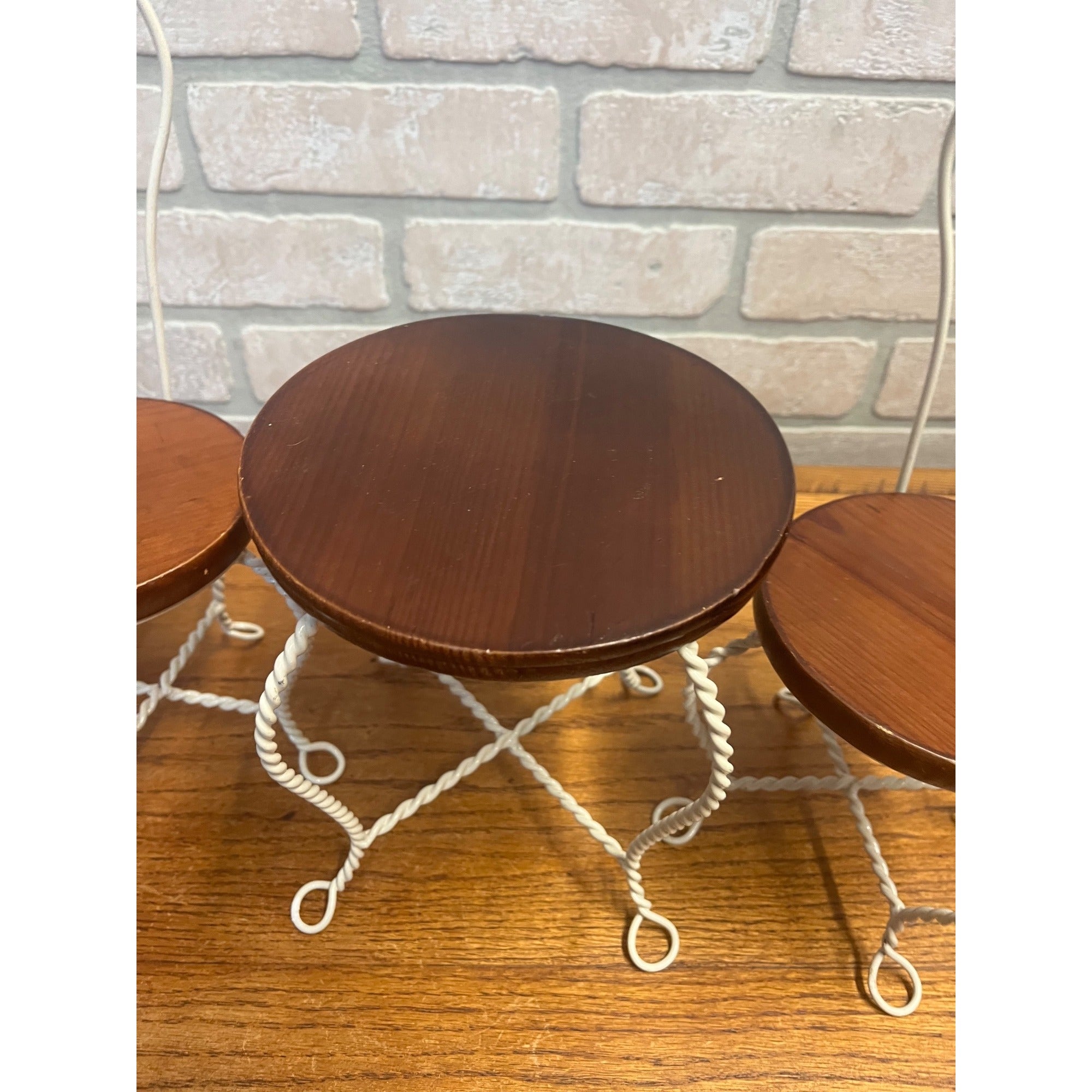 Vintage Set of Boyd's Bears Doll-Size White Metal and Wood Ice Cream Parlor Chairs and Table Plant Stands