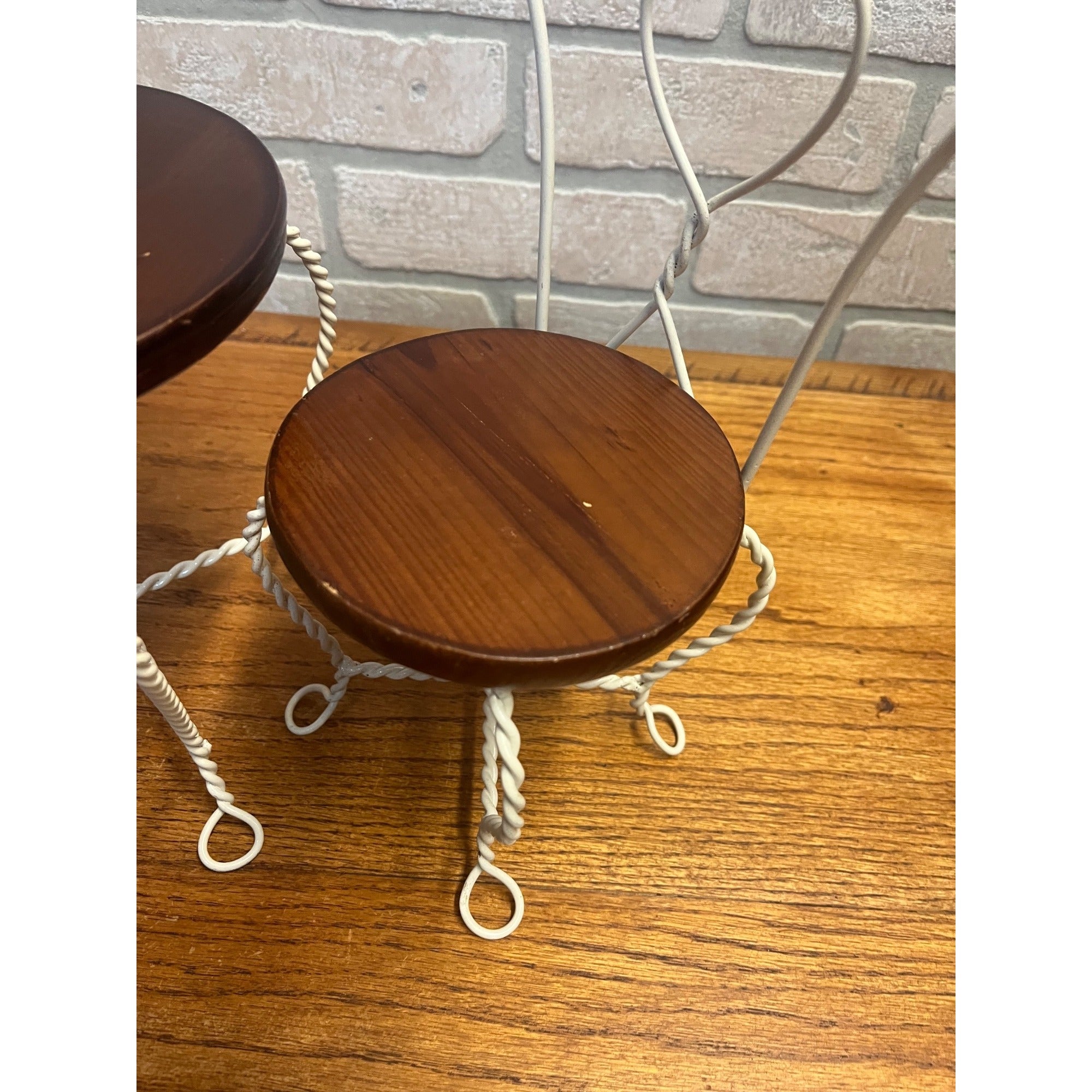 Vintage Set of Boyd's Bears Doll-Size White Metal and Wood Ice Cream Parlor Chairs and Table Plant Stands
