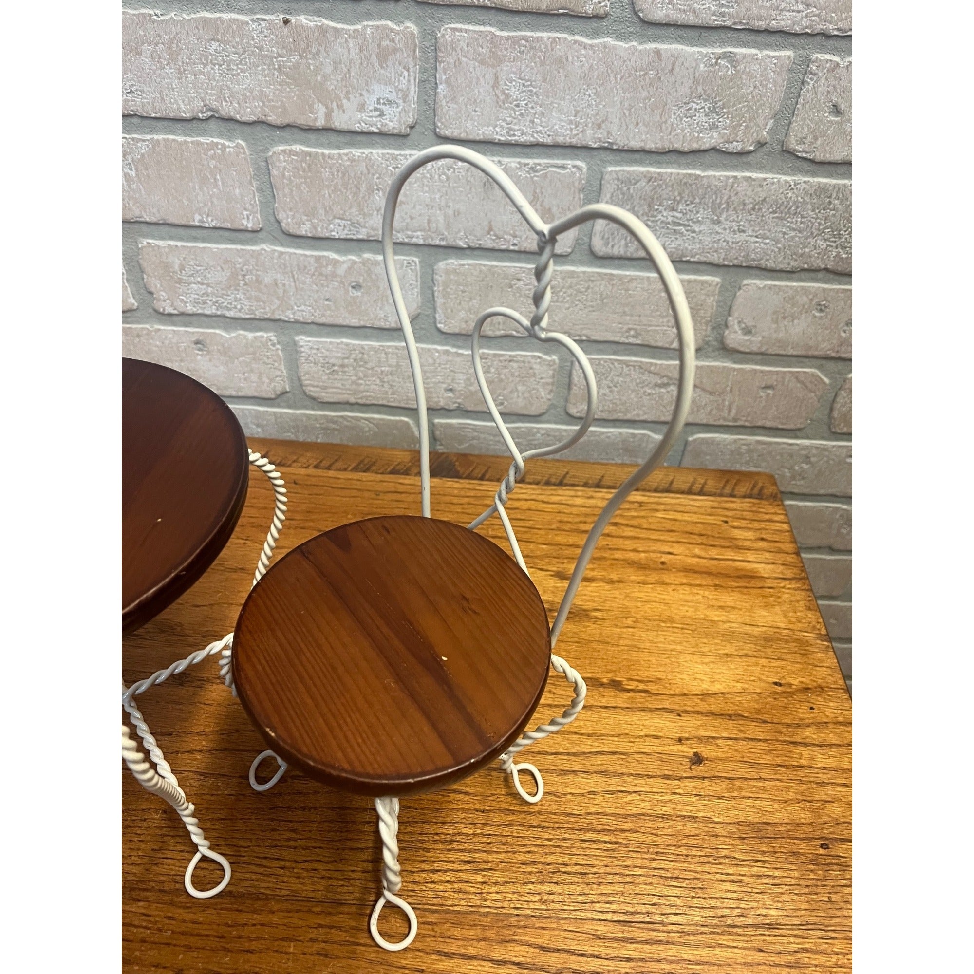 Vintage Set of Boyd's Bears Doll-Size White Metal and Wood Ice Cream Parlor Chairs and Table Plant Stands
