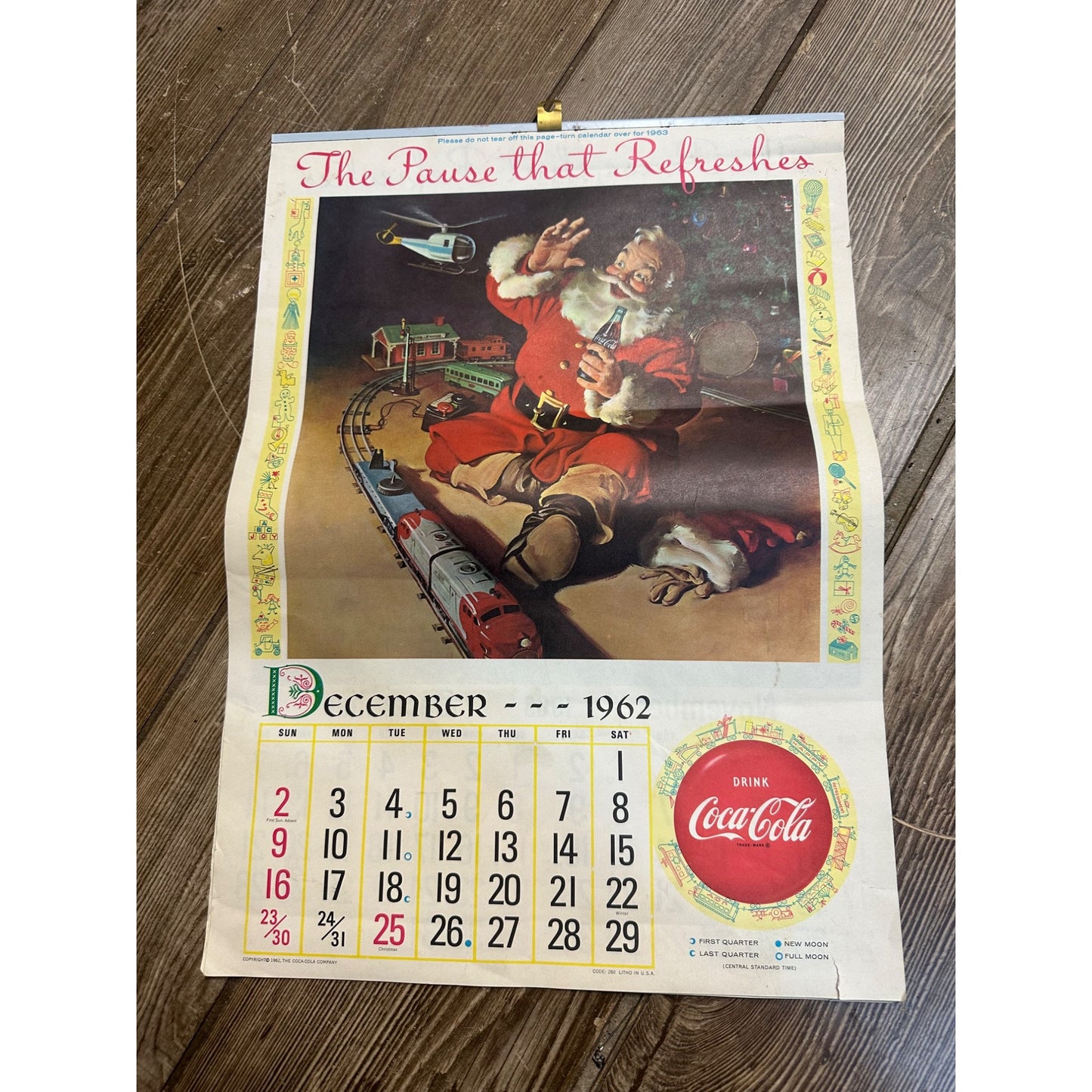 Vintage 1962-63 Coca Cola Advertising Calendar Wall Sign Litho Full Pad Santa Claus