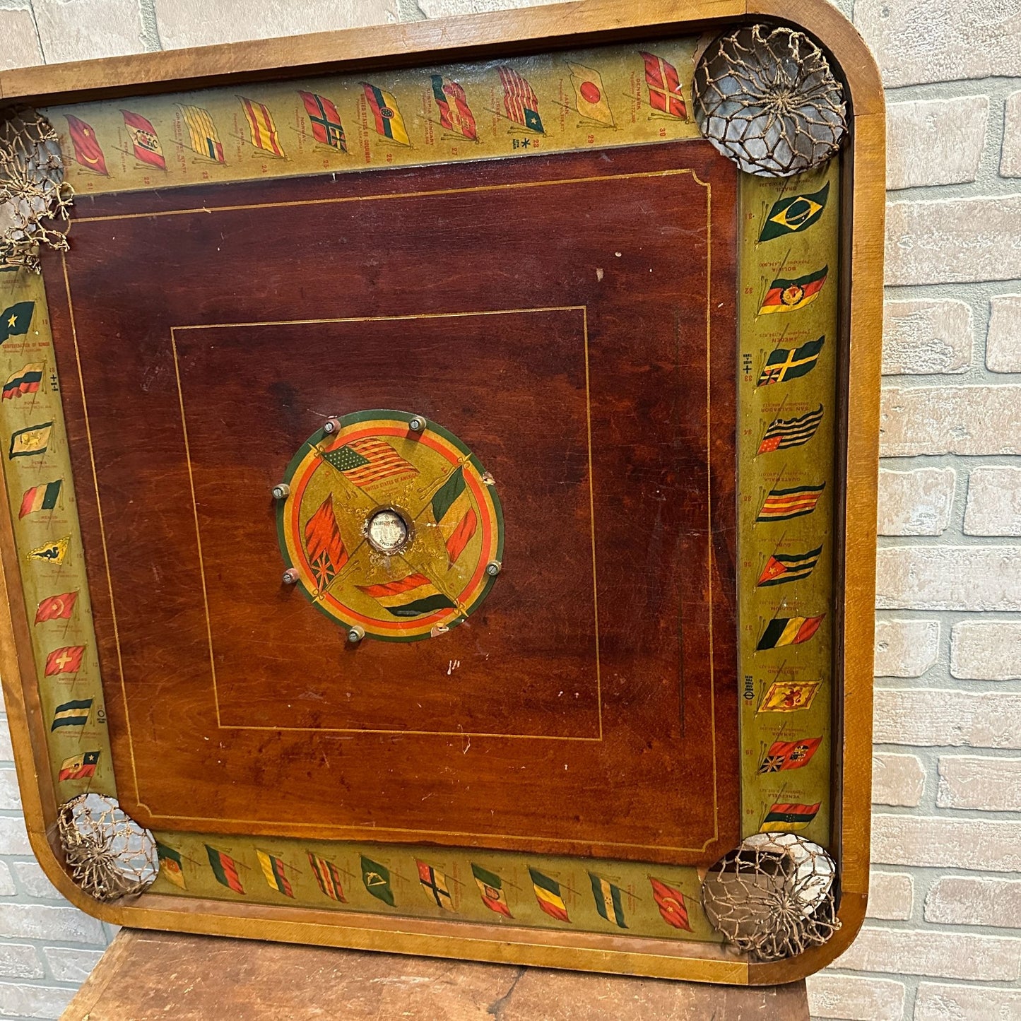 ANTIQUE "FLAGS OF THE NATION" CARROM COMBINATION BOARD GAME CIRCA 1900