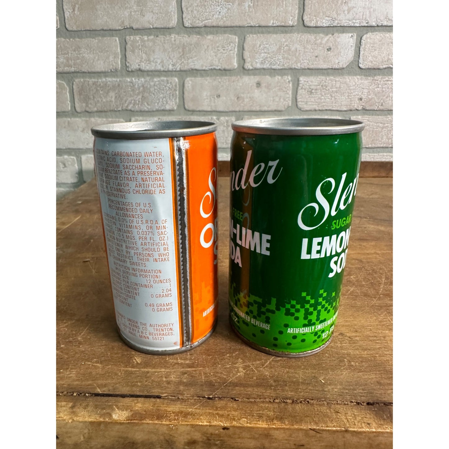 Vintage Slender Soda Pop Cans (2) Orange lemon Lime Steel Pull Tab Flat Top